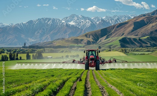 Tractor Spraying Crops in a Green Valley With Snow-Capped Mountains