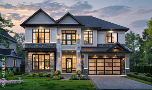 Modern Two-Story House With Stone Accents and Garage at Dusk