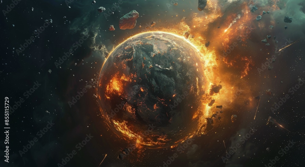 Burning Planet Surrounded by Space Debris and Flames Burning Planet Surrounded by Space Debris and Flames