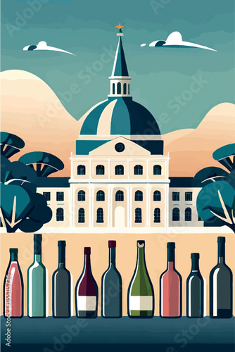 Explore the charm of European architecture and wine with this vibrant poster. Featuring iconic French vineyards, wine bottles, glasses, and a sommelier, perfect for celebrating wine festivals and prom