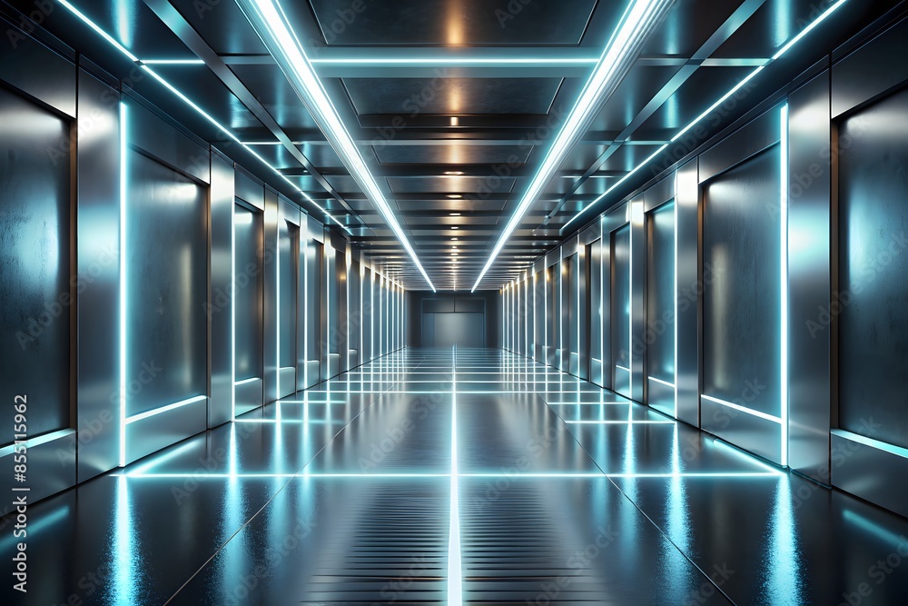 Fototapeta premium Futuristic Spaceship Interior With Blue Glowing Lights