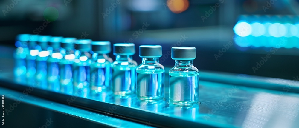 Closeup of small vials with liquid, lined up on a metallic conveyor belt, blue lighting and soft reflections capturing the essence of medical manufacturing, clear and detailed Closeup of small vials with liquid, lined up on a metallic conveyor belt, blue lighting and soft reflections capturing the essence of medical manufacturing, clear and detailed