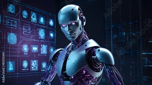 Futuristic robot with glowing blue eyes standing in front of a digital globe, representing artificial intelligence, technology, innovation, and data connectivity.