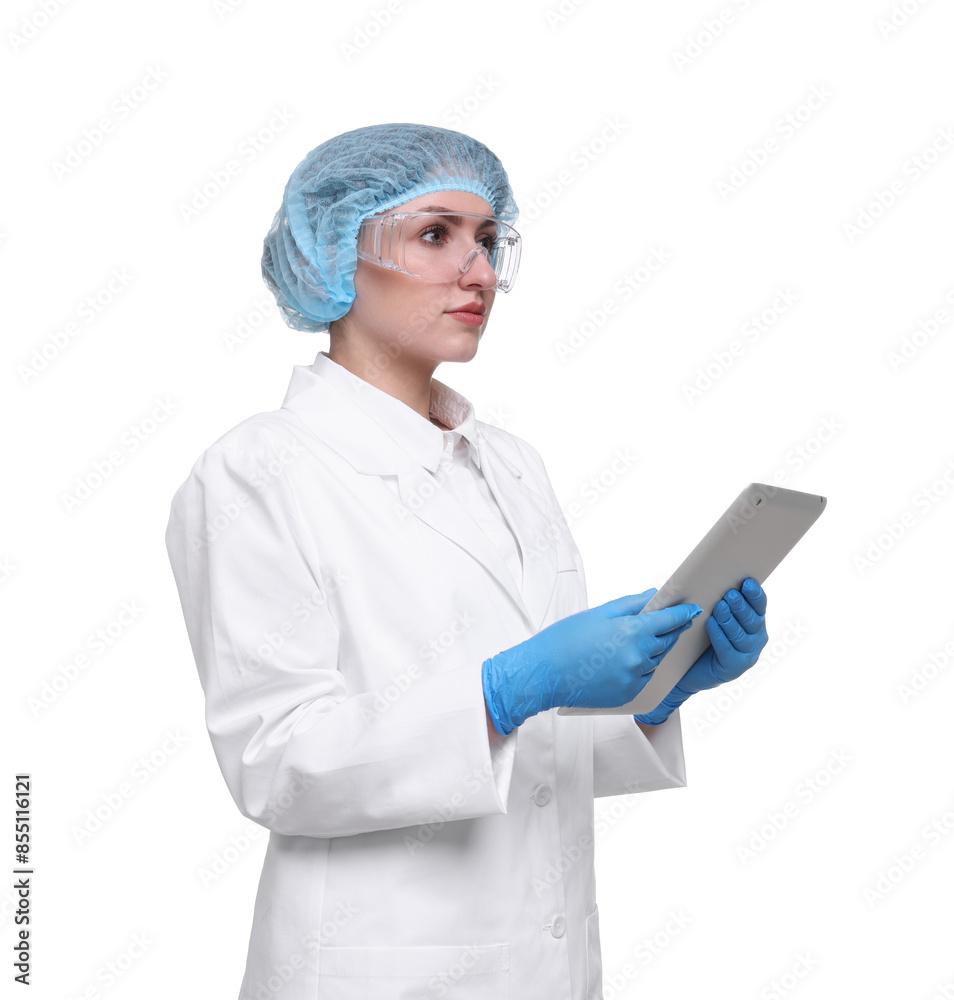 Quality control. Food inspector with tablet on white background Quality control. Food inspector with tablet on white background
