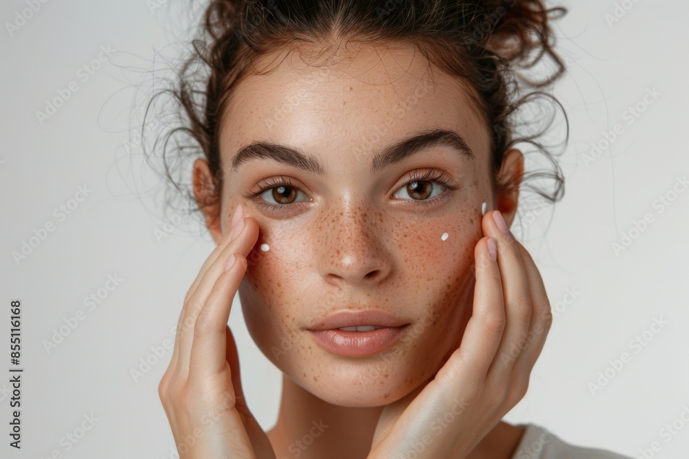 Studio portrait of a young woman applying moisturizer on her face Studio portrait of a young woman applying moisturizer on her face