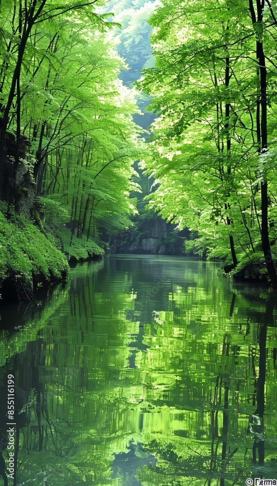 Fototapeta premium Tranquil jungle river reflecting lush greenery amidst dense foliage, creating a serene natural scene