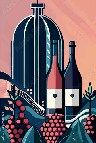 Explore the charm of European architecture and wine with this vibrant poster. Featuring iconic French vineyards, wine bottles, glasses, and a sommelier, perfect for celebrating wine festivals and prom