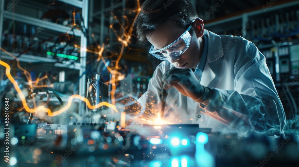 Scientist in protective glasses works on a project in a futuristic laboratory with sparks of electricity surrounding him. Scientist in protective glasses works on a project in a futuristic laboratory with sparks of electricity surrounding him.
