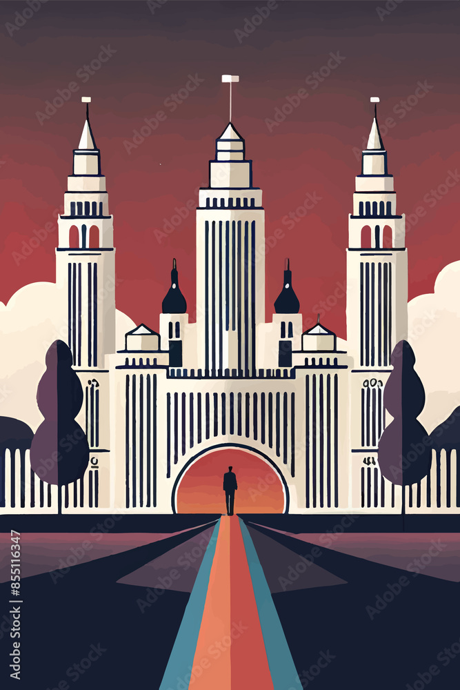 Fototapeta premium Explore the charm of European architecture and wine with this vibrant poster. Featuring iconic French vineyards, wine bottles, glasses, and a sommelier, perfect for celebrating wine festivals and prom