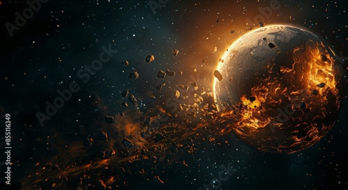 Burning Planet Surrounded by Space Debris and Flames