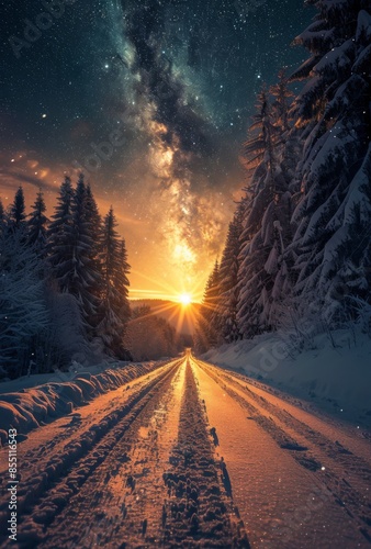 Snowy Forest Road at Sunset With Milky Way Visible