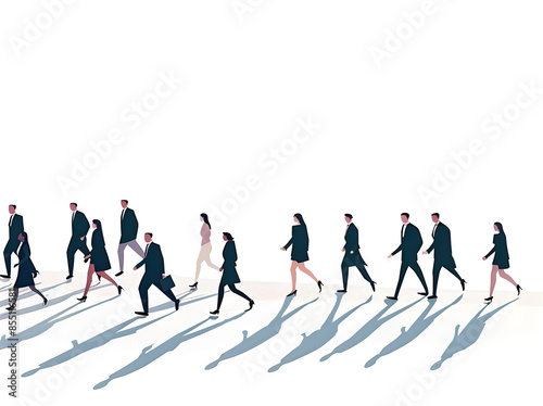 Ariel view of a group of business men and women walking in distance on white background