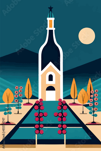 Explore the charm of European architecture and wine with this vibrant poster. Featuring iconic French vineyards, wine bottles, glasses, and a sommelier, perfect for celebrating wine festivals and prom