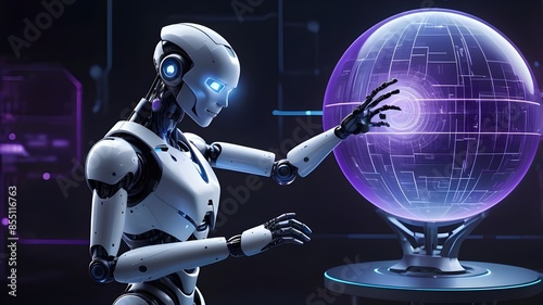 Futuristic robot with glowing blue eyes standing in front of a digital globe, representing artificial intelligence, technology, innovation, and data connectivity.
