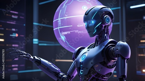 Futuristic robot with glowing blue eyes standing in front of a digital globe, representing artificial intelligence, technology, innovation, and data connectivity.