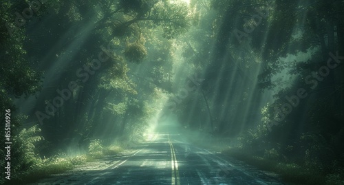 Sunbeams Through A Forest Road In The Early Morning Mist