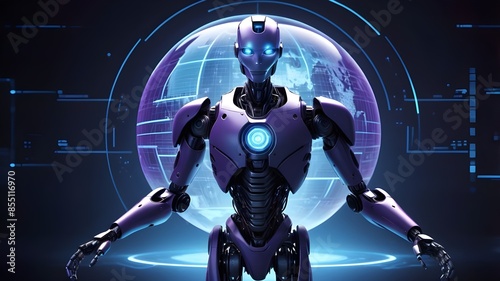 Futuristic robot with glowing blue eyes standing in front of a digital globe, representing artificial intelligence, technology, innovation, and data connectivity.