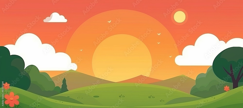 Tranquil rural scene rolling hills and vibrant sunset, perfect for overlaid text in the sky Tranquil rural scene rolling hills and vibrant sunset, perfect for overlaid text in the sky