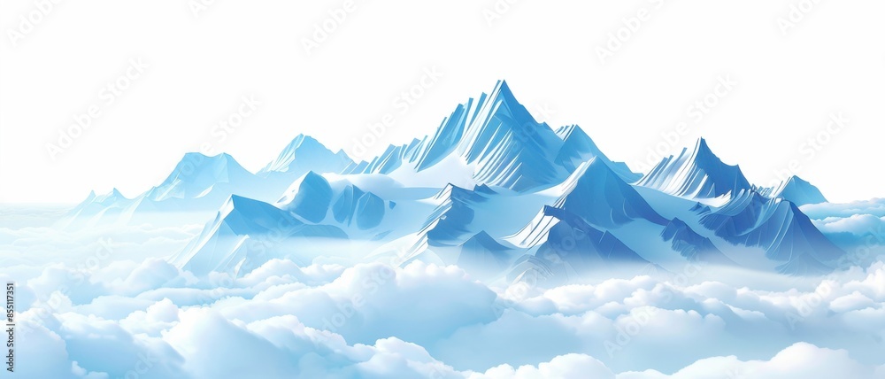 Fototapeta premium Snow-covered mountains rise above a sea of clouds in a calm, serene atmosphere.