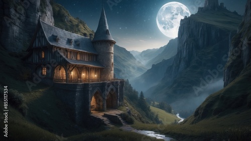 Romantic illustration of the castle evening