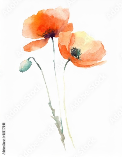 Hand drawn watercolor orange poppy flower isolated on white background
