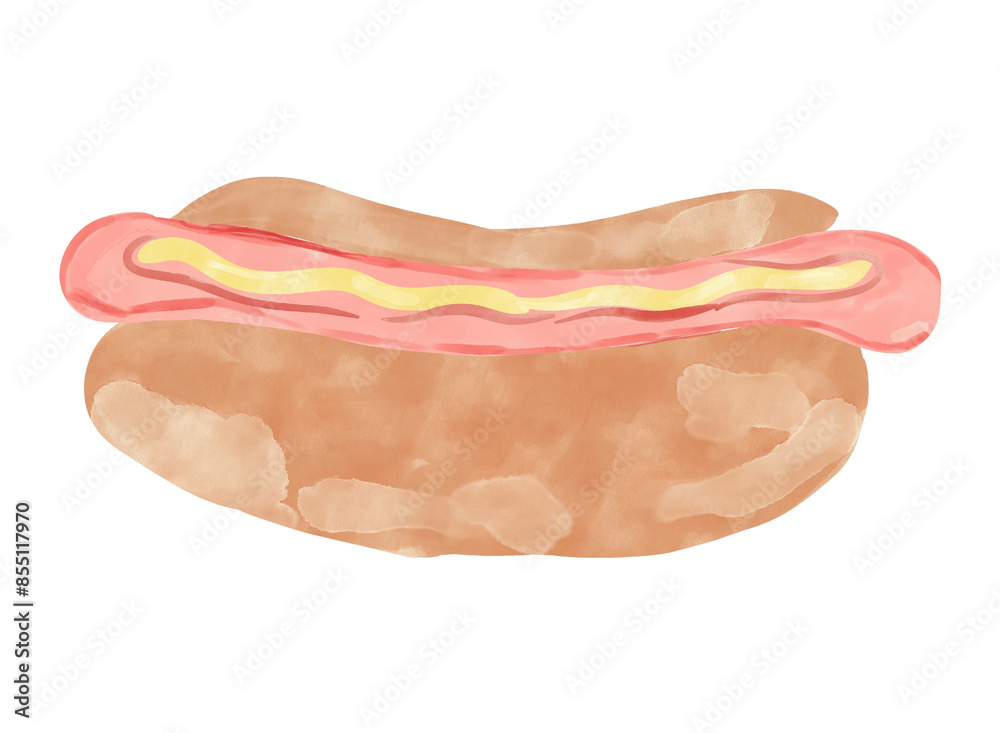 Fototapeta premium Hand-drawn watercolor illustration of a hotdog isolated on a white background.