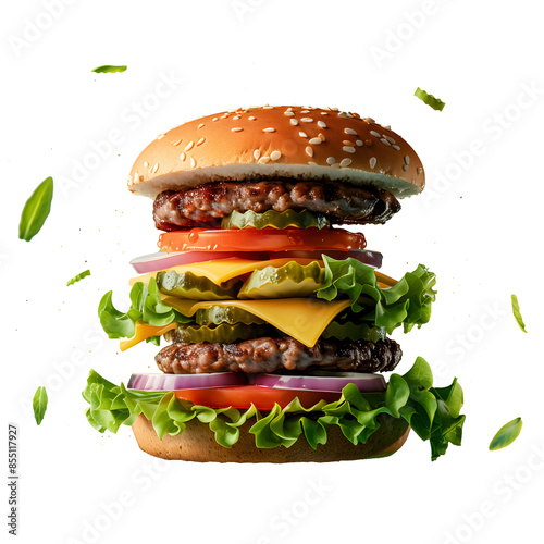 A delicious cheeseburger with Beef Burger Patties, lettuce, tomato, and onions isolated on transparent background, clipping path photo