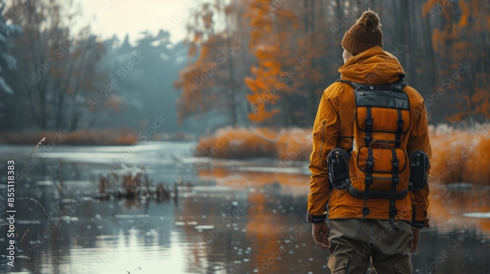A person wearing a bright orange jacket and a backpack walks along a river in a forest with autumn leaves. A person wearing a bright orange jacket and a backpack walks along a river in a forest with autumn leaves.