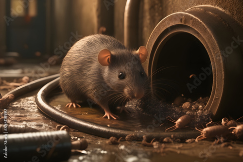 residential spaces, like basements or pipes, infested by rats. This background image is ideal for the concept of pest control and rodent removal, highlighting the need for effective solutions photo