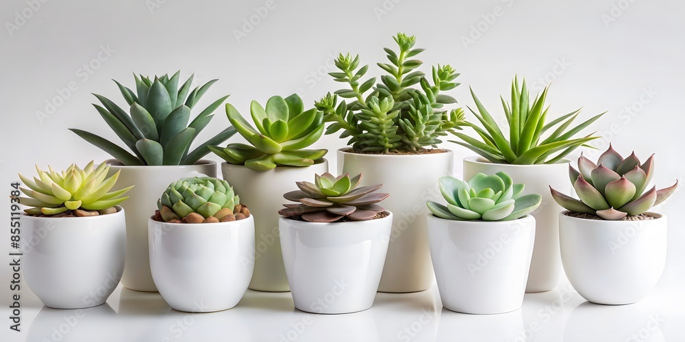 A Variety Of Succulents In White Pots On A White Background. Echeveria, Haworthia, And Aloe Vera Are Among The Varieties Shown.