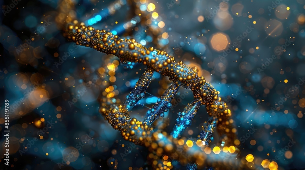 A mesmerizing image of a golden and blue DNA helix, softly glowing in the silent expanse of space 8K , high-resolution, ultra HD,up32K HD A mesmerizing image of a golden and blue DNA helix, softly glowing in the silent expanse of space 8K , high-resolution, ultra HD,up32K HD