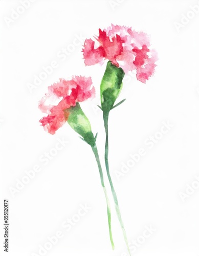 Hand drawn watercolor pink carnation flower isolated on white background