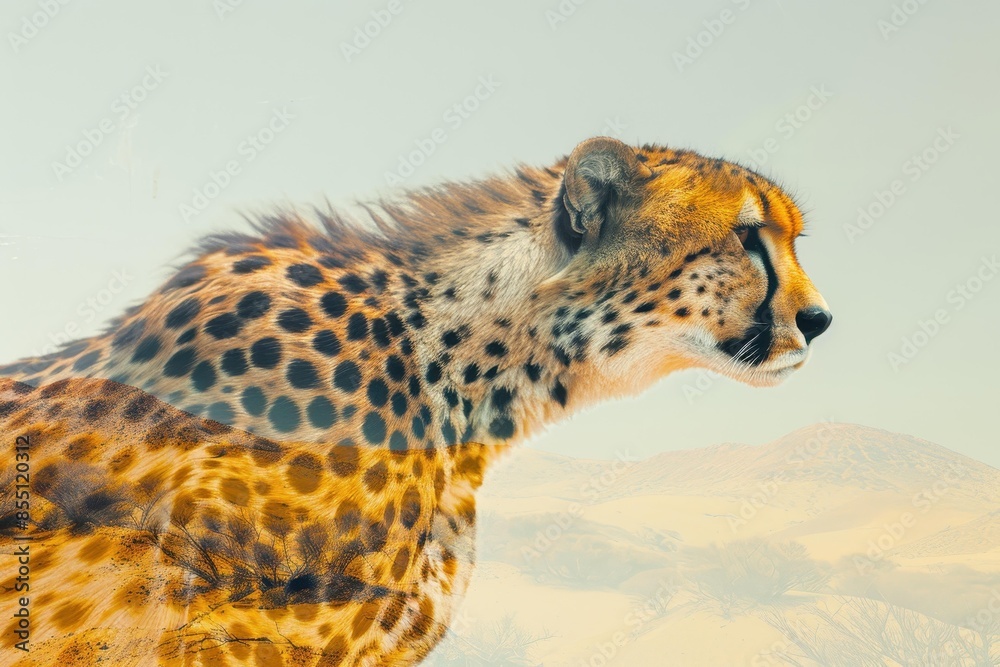Obraz premium An artistic representation of a cheetah with a desert landscape overlaid on its body, symbolizing the natural habitat of this incredible predator.