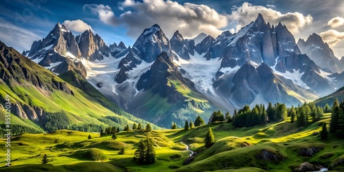 The Majestic Beauty Of Snow-Capped Mountains And Lush Green Valleys In The Swiss Alps photo