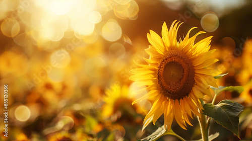 Sunflower on blurred sunny nature background. Horizontal agriculture summer banner with sunflowers field. Agriculture field with blooming sunflowers,sunflower oil production.