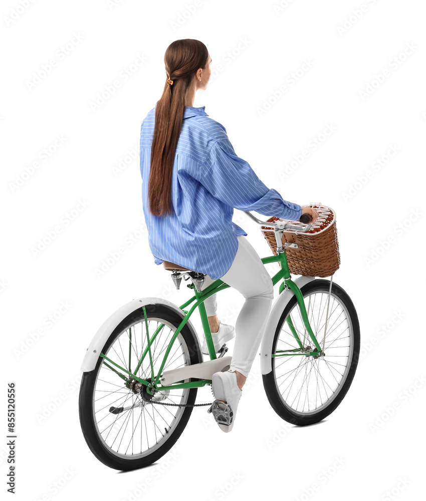 Naklejka premium Woman riding bicycle with basket isolated on white