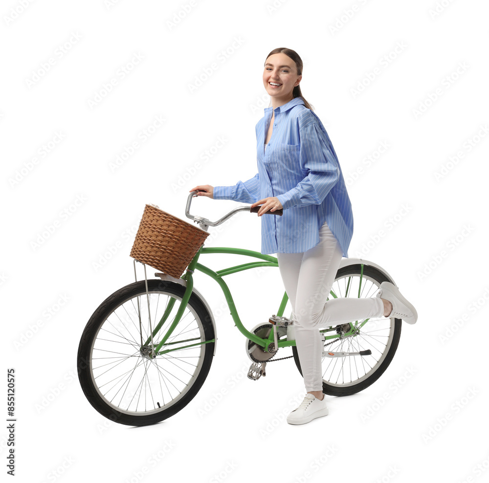 Smiling woman with bicycle and basket isolated on white Smiling woman with bicycle and basket isolated on white