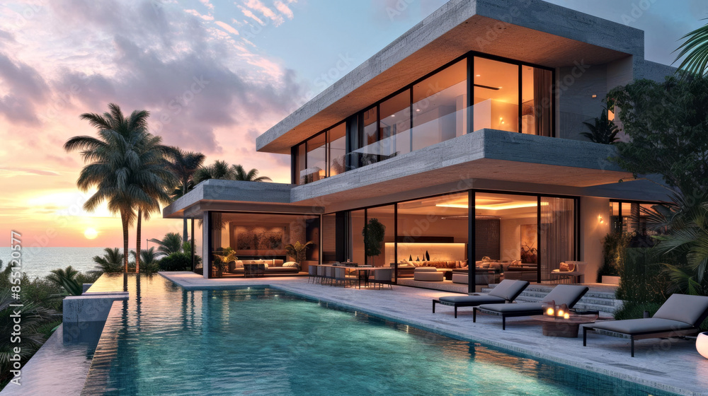 Luxury Modern Villa with Infinity Pool Overlooking Ocean at Sunset Luxury Modern Villa with Infinity Pool Overlooking Ocean at Sunset
