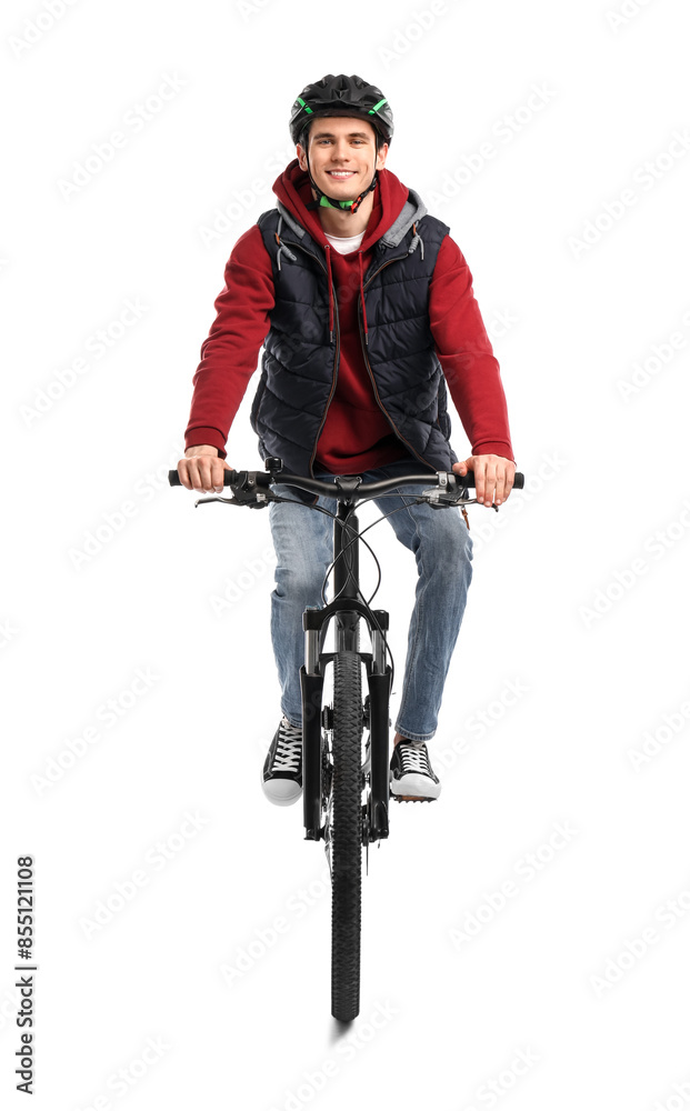 Smiling man in helmet riding bicycle on white background Smiling man in helmet riding bicycle on white background