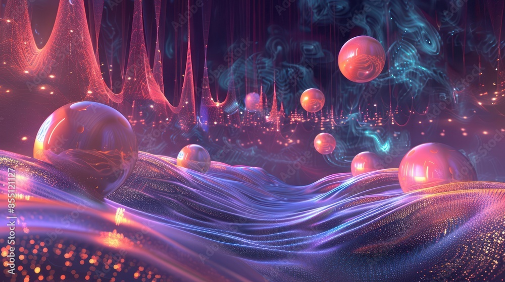 An abstract representation of a virtual environment, with glowing orbs ...