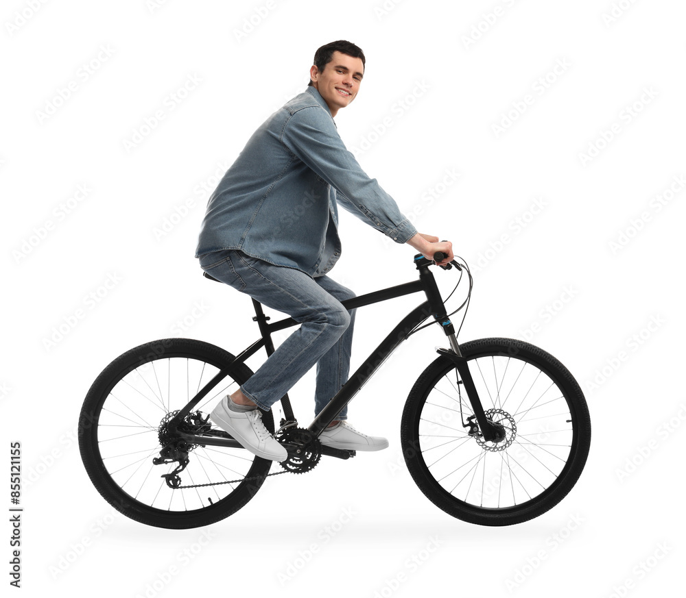 Smiling man riding bicycle on white background Smiling man riding bicycle on white background