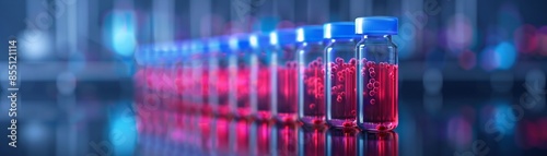 Row of glass test tubes filled with red liquid, bubbling suspended particles inside, placed on a reflective lab surface, blurred scientific background with blue lighting