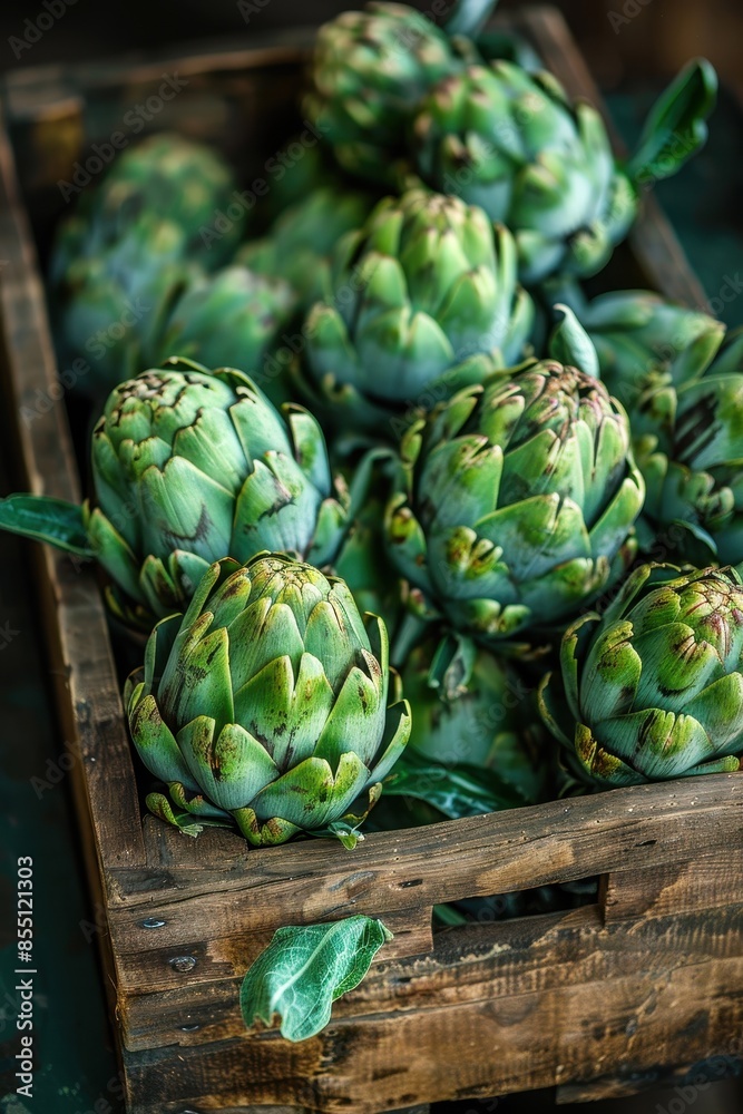 Fototapeta premium Fresh artichokes in a wooden box.