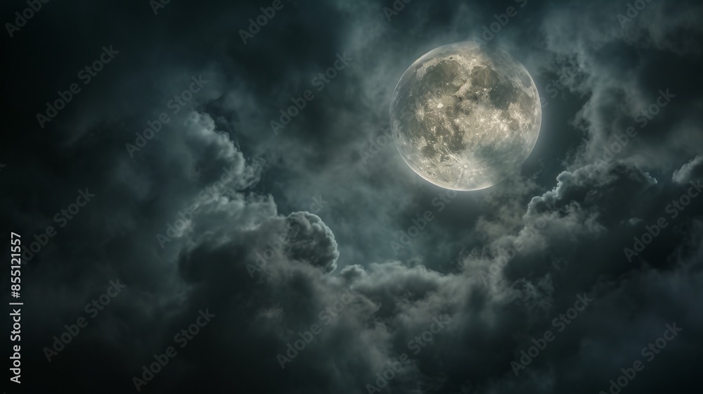A spooky Halloween background concept featuring a night sky with a full moon and eerie clouds A spooky Halloween background concept featuring a night sky with a full moon and eerie clouds