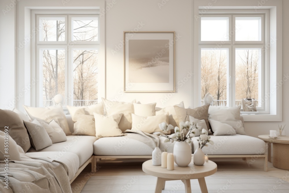 Interior of a Scandinavian minimalist living room with white furniture Interior of a Scandinavian minimalist living room with white furniture