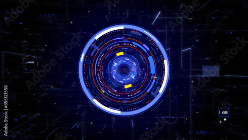 Technology HUD circle spinning element. Futuristic geometric shape rotating and communication display for game, infographic, business illustration