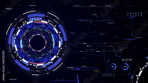 HUD futuristic spinning circle crosshair element with digital data, chart for business development, game, technology illustration