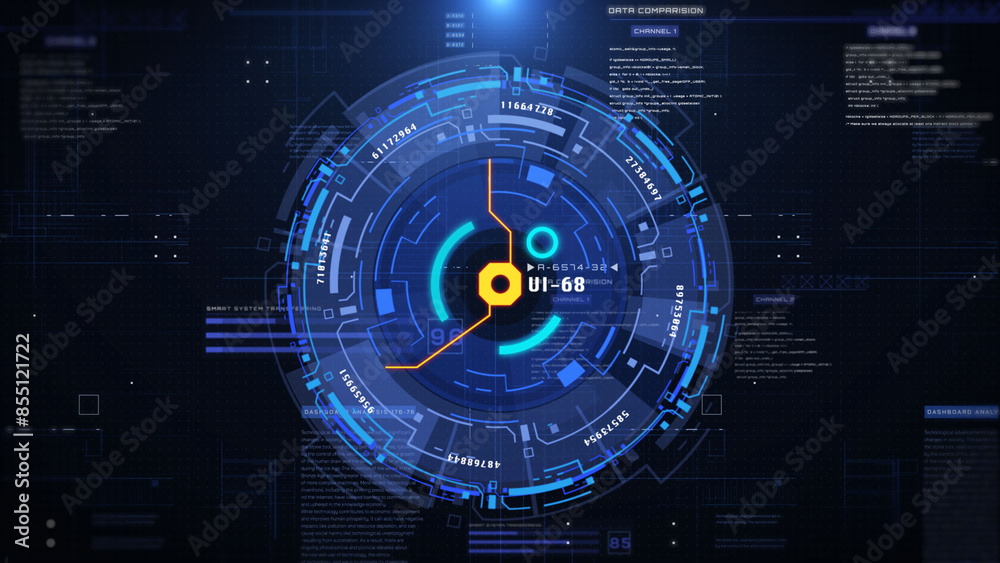 Technology HUD circle spinning element. Futuristic geometric shape rotating and communication display for game, infographic, business illustration Technology HUD circle spinning element. Futuristic geometric shape rotating and communication display for game, infographic, business illustration