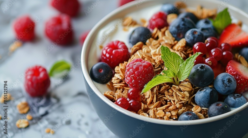 A bowl of fruit with berries, raspberries, and blueberries. The bowl is white and has a green leaf on top A bowl of fruit with berries, raspberries, and blueberries. The bowl is white and has a green leaf on top