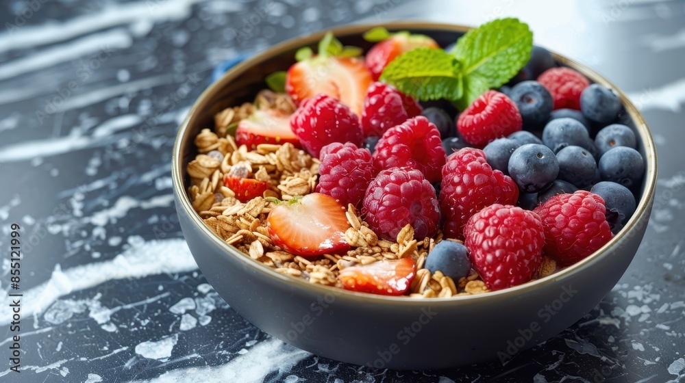 A bowl of fruit with berries, raspberries, and blueberries. The bowl is white and has a green leaf on top A bowl of fruit with berries, raspberries, and blueberries. The bowl is white and has a green leaf on top